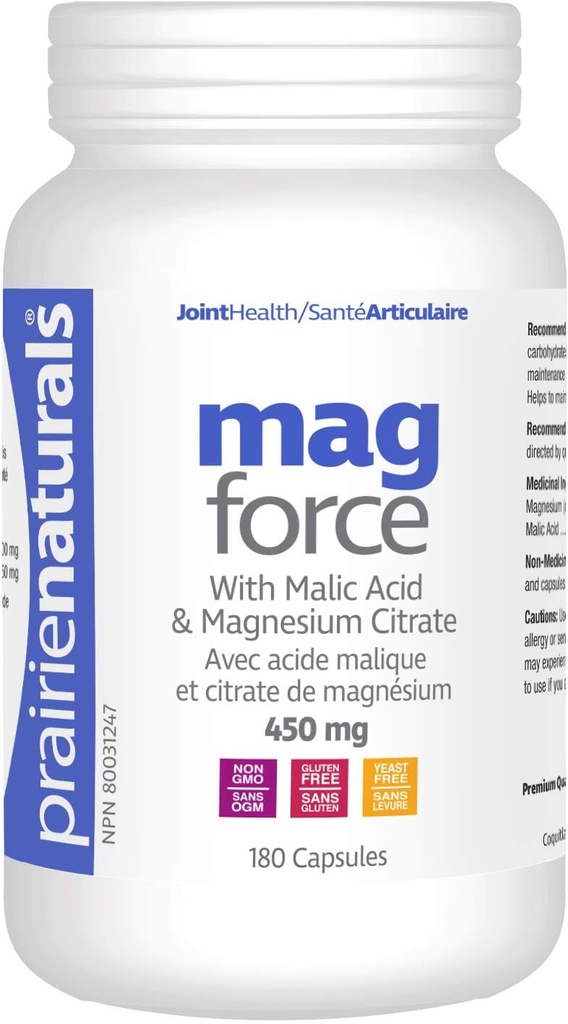 Prairie Naturals Mag Magnezyum Force & Malic Acid Capsules, 180 Count