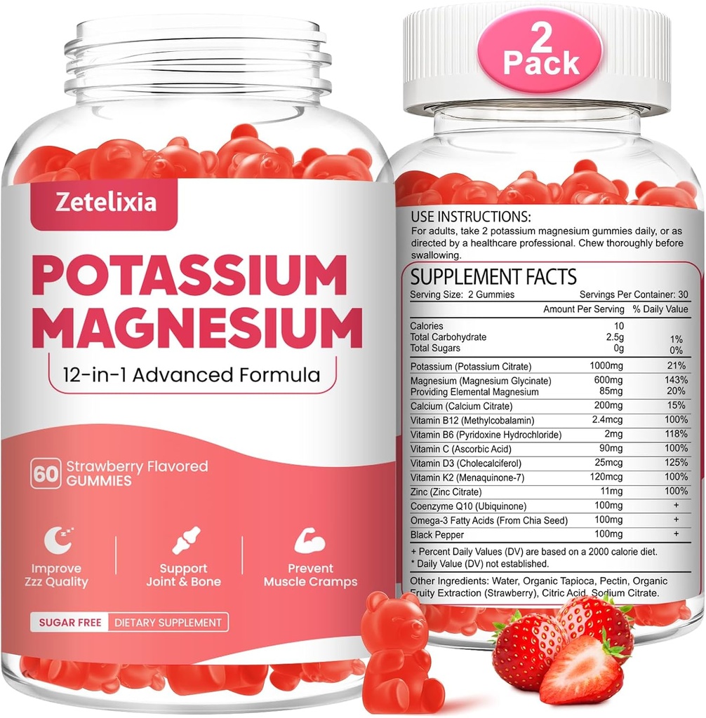 2 τεμ. Συμπληρώματα μαγνησίου Κάλιο Gummies για ενήλικες παιδιά, γλυκινικό μαγνήσιο & κιτρικό κάλιο, Συν πολυβιταμίνη, Ωμέγα-3 & Μαύρο πιπέρι, κρούστα ποδιών, μυϊκή & καρδιακή υγεία, 120 κόμης