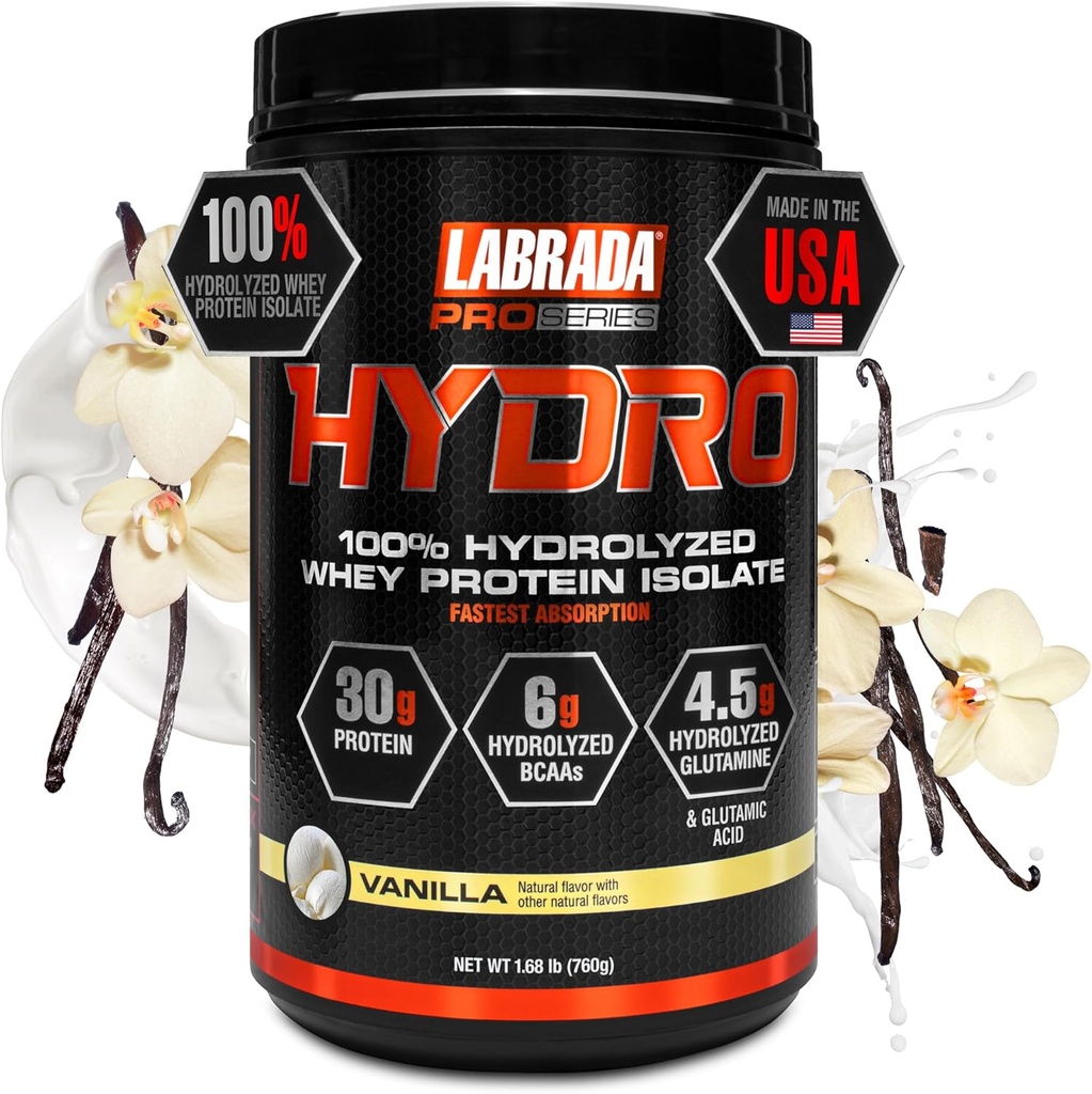 LABRADA Hydro 100% Αμιγής υδρολυμένη σκόνη ισομερών πρωτεϊνών ορού γάλακτος, χωρίς λακτόζη, 6g BCAA’s, 4.5g Γλουταμίνης, πιο γρήγορου στιλπνώματος ορός γάλακτος Διαθέσιμος, άμεσο αναμειγνύοντας, νοστιμότατο γεύση 20 εξυπηρετούν (Βανίλια)