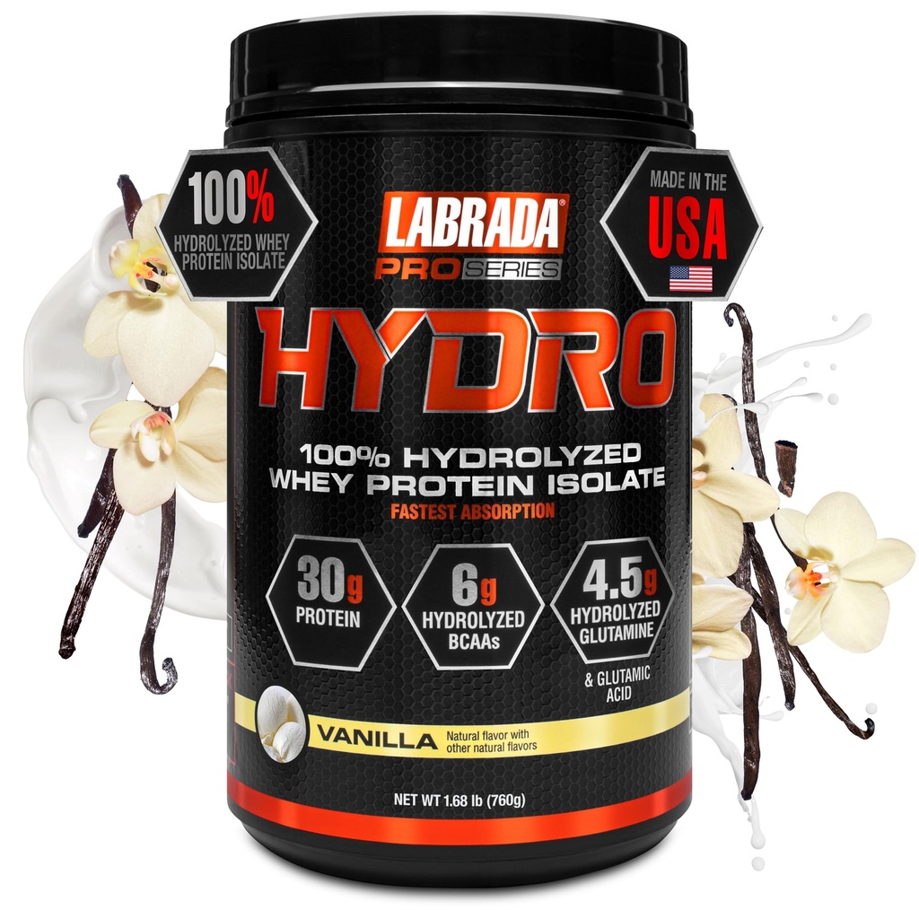 LABRADA Hydro 100% Αμιγής υδρολυμένη σκόνη ισομερών πρωτεϊνών ορού γάλακτος, χωρίς λακτόζη, 6g BCAA’s, 4.5g Γλουταμίνης, πιο γρήγορου στιλπνώματος ορός γάλακτος Διαθέσιμος, άμεσο αναμειγνύοντας, νοστιμότατο γεύση 20 εξυπηρετούν (Βανίλια)