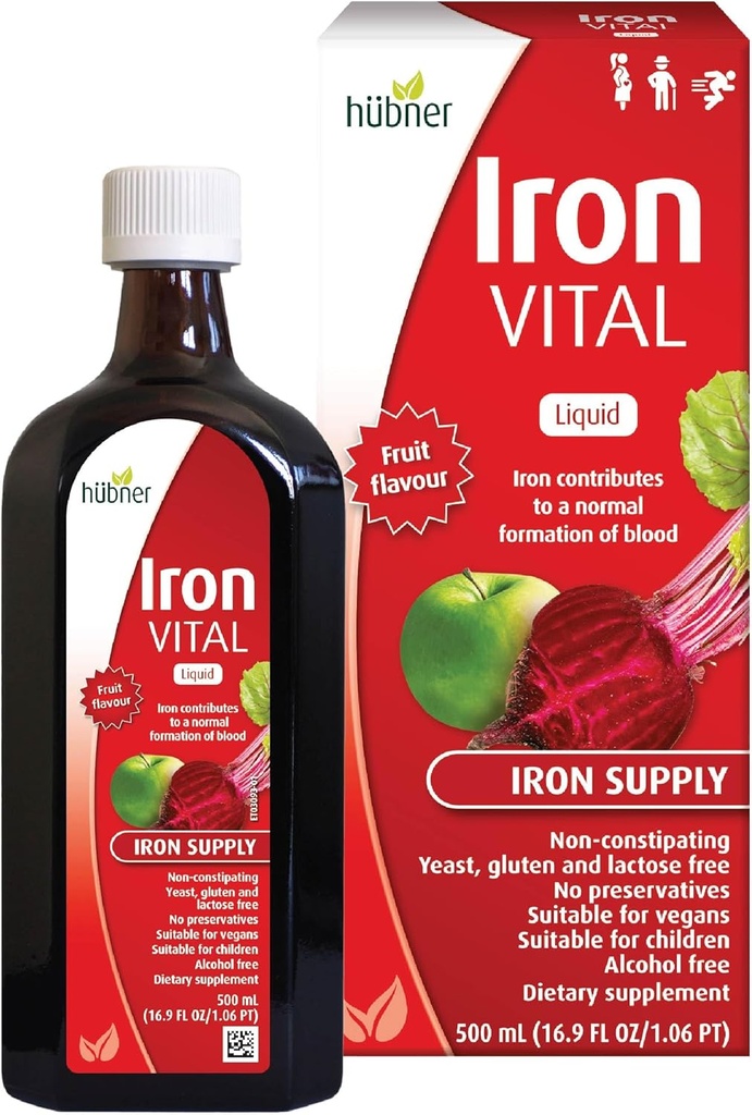 Hübner Hubner Iron Vital Liquid Iron Supply Plus Vitamin C, Dietary Supplement for Yetişkinler and Kids, Vegan and Gluten-Free, Fruit Flavor, 500 ml Şişe, 50 Hizmetler