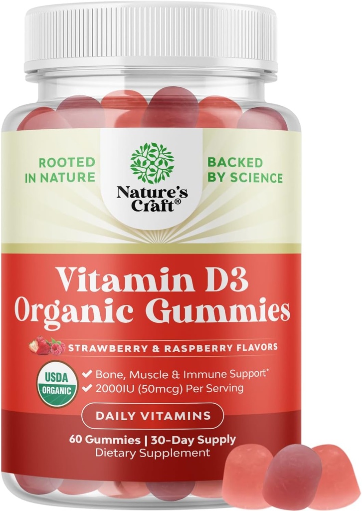 Kadınlar ve Erkekler için organik D3 Gummies - D Gummies 2000IU Kemik Sağlığı, Kass & Immune Support - Yetişkinler için - Gelatin & Gluten Ücretsiz - 60 Gums