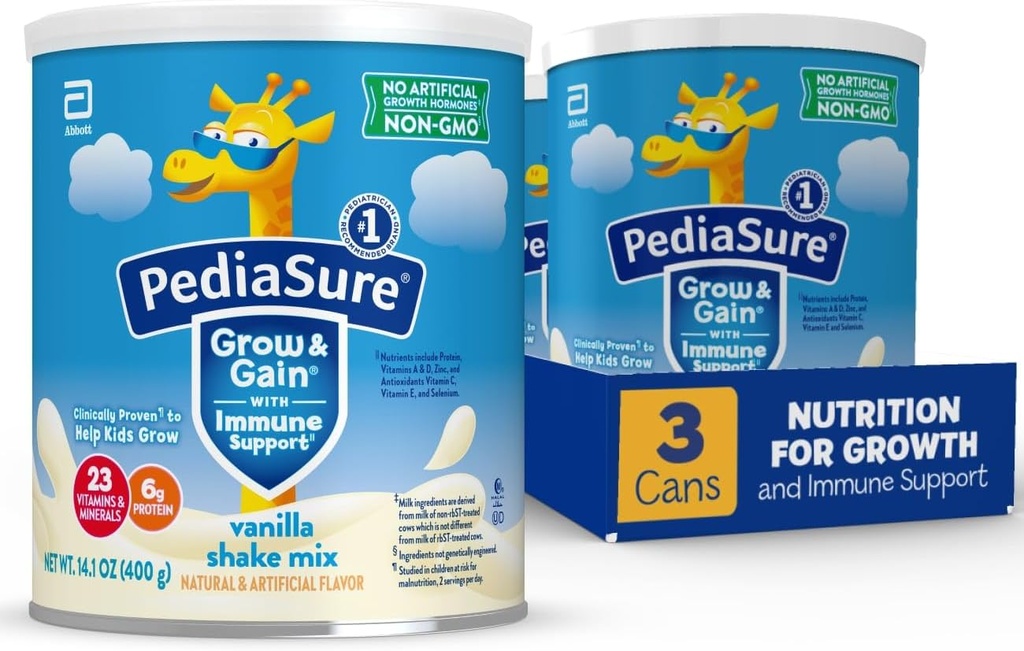 PediaSure Grow & Gain with Immune Support Shake Mix Powder, 23 Βιταμίνες & Ορυκτά, 6g Πρωτεΐνη, Μη ΓΤΟ, Χωρίς γλουτένη, Βανίλια, 14,1 oz Can, Συσκευασία των 3-24 μερίδες