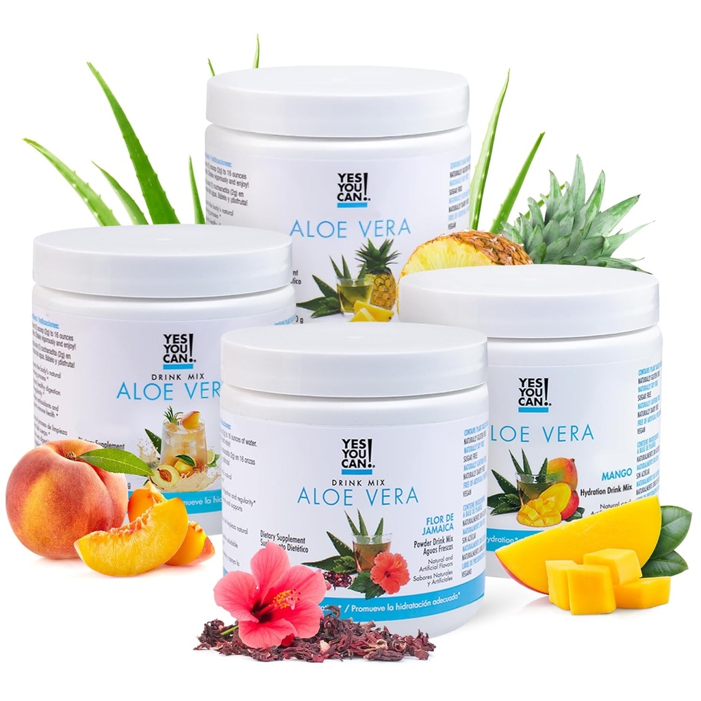 Yes You Can! Aloe Vera Powder Drink Mix - Hydration Booster Infused with Pure Organic Aloe Vera Extract - Delicious Flavors - Made in USA - Antioxidant Rich - Vatiety Flavor - 40 Servings Per Canister (4 Pack)