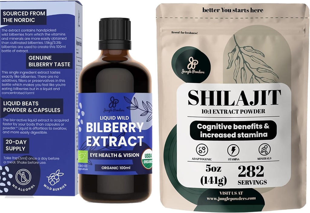 Jungle Powders Organic Wild Bilberry Extract for Eyes Bilberry Supplement for Eyes, Shilajit Powder for Men 10:1 Extract Immune Support Energy Supplement