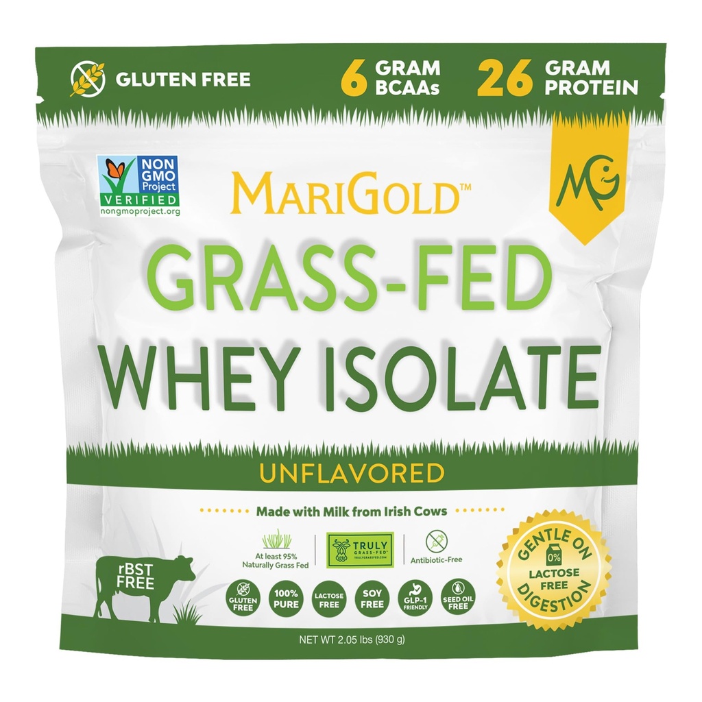 MariGold Grassfed Whey Isolate Protein Powder - Μη αρωματισμένη 2LB - Μυϊκό Κτίριο & Ανάκτηση - 100% καθαρό, κρύο επεξεργασμένο, μικροφίλτρο, μη-GMO, rBGH Free, χωρίς σόγια, χωρίς γλουτένη, χωρίς λακτόζη