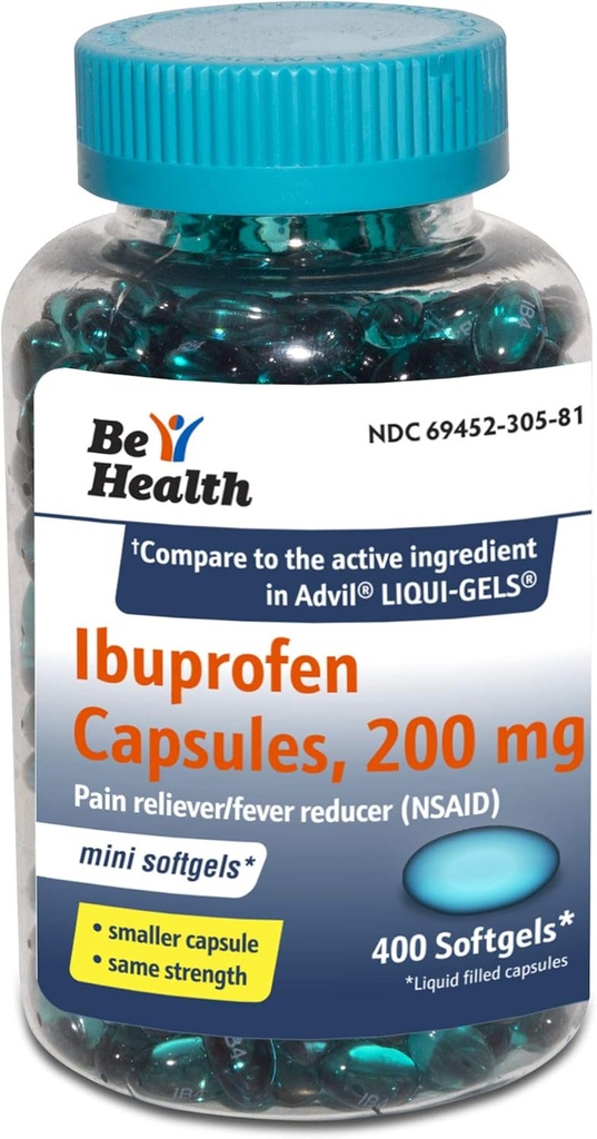 Sağlık Mini Ibuprofen 200 Mg Softgels, Pain Reliever/Fever Function, Made in USA, 400 Count