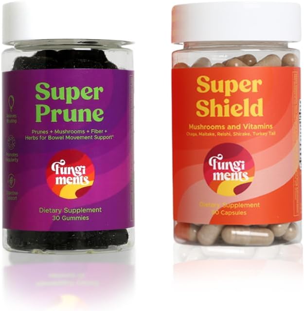 Fungiments Mushroom Supplements, Digestion/Immunity Sche, Super Prune 30 Kont Gummies + Super Shield 60 Capsule Counts