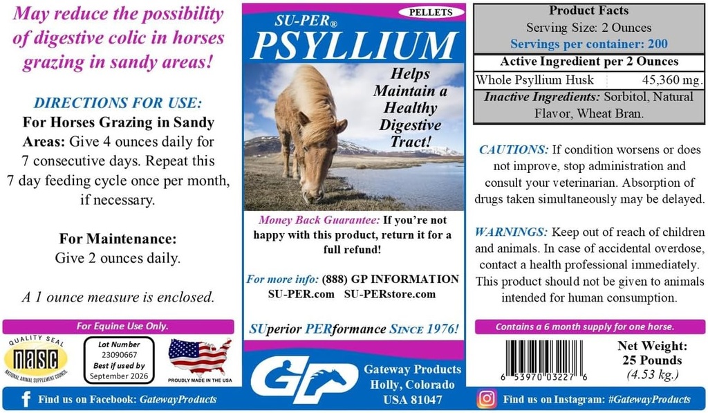 SU-PER Psyllium Pellets Equine Supplement - Atlarda Sağlıklı Digestive Tract - Sand & Dirt in Intestinal Tract - 25 Pound, 6 Ay Supply