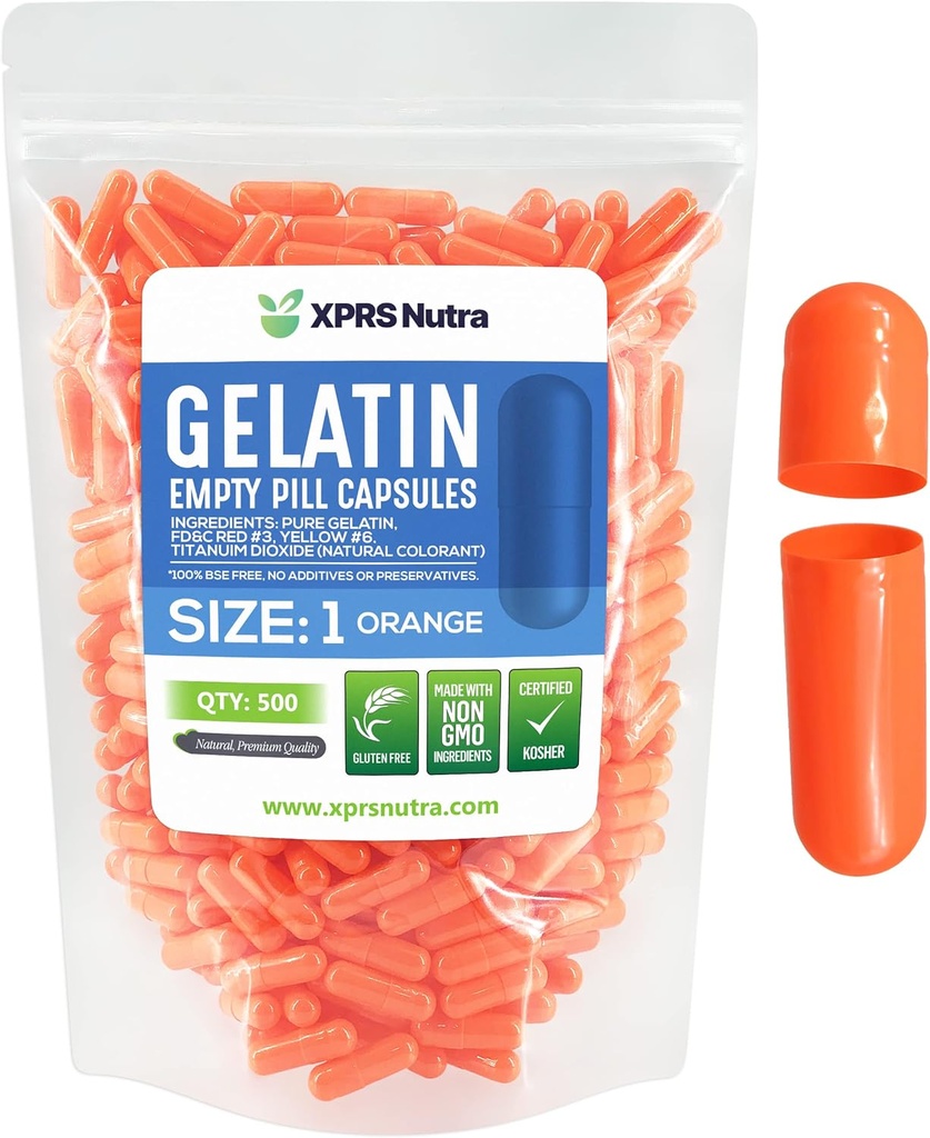 XPRS Nutra Boyutu 1 Boş Kapsüller - 500 Kont Boş Gelatin Capsules - Pill DIY Capsule - Pure Bovine Pill Gel Caps For Do-It- Yourself Supplements (Orange)