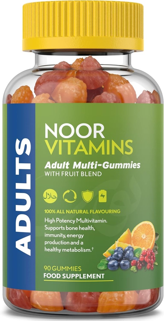 Noor Vitamins Halal Yetişkin Multivitamin Gummy with Organic Fruit Blend for Men and Women; Non-GMO, Gluten Free, Gelatin Free Halal Vitaminleri - 90 Count Count Count