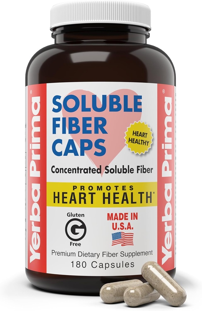 Yerba Prima Soluble Fiber Formula Capsules, 180 Count - Premium Dietary Fiber Supplement, Natural, Concentrated Soluble Fiber, Gluten Free, Non-GMO, Made in USA