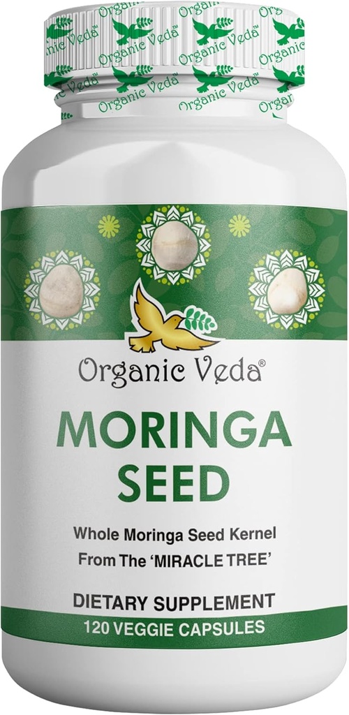 Organik Veda Moringa Tohum Kapsülleri -% 100 Saf Organik Moringa Oleifera Tohum Toz & Moringa Oil Omega 3 & 6, The Miracle Tree Antioksis, Vitamins - Energy & Focus Boost for Men & Women, 120 ct