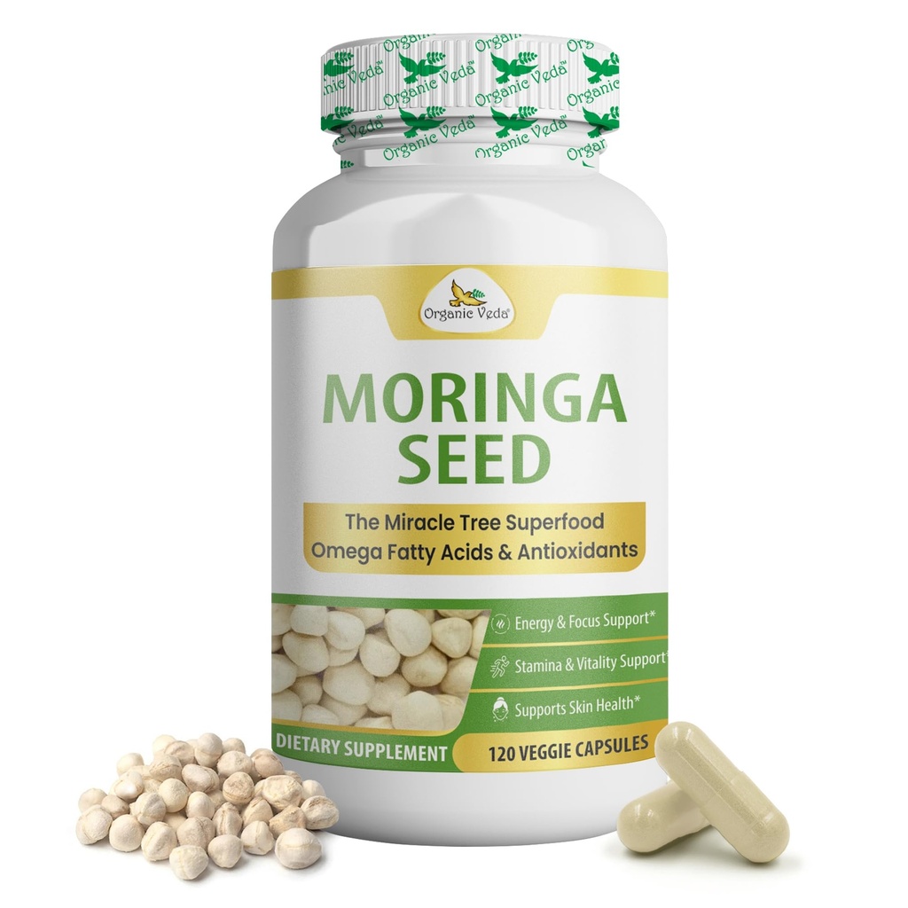Organik Veda Moringa Tohum Kapsülleri -% 100 Saf Organik Moringa Oleifera Tohum Toz & Moringa Oil Omega 3 & 6, The Miracle Tree Antioksis, Vitamins - Energy & Focus Boost for Men & Women, 120 ct