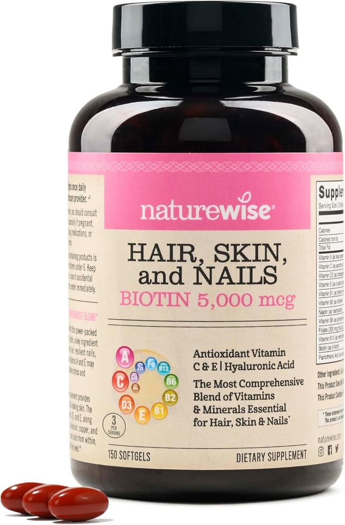 NatureWise Hair Skin and Nails Vitamin, Biotin 5000mcg w/Hyaluronic Acid, C, B Kompleksi, D3, A, E, Iron - Non-GMO, Gluten Free - 150 Softgels[50-Day Supply]