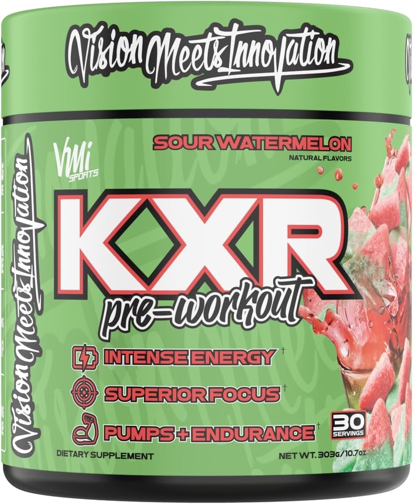 KXR Pre-Workout Energy Toz | Intense Energy Pre-Workout Drink for Men and Women / Kretine Free | Performansı Geliştir - Geliştirilmiş Oda ve Genişleme | 30 Hizmet (Sour Watermelon)