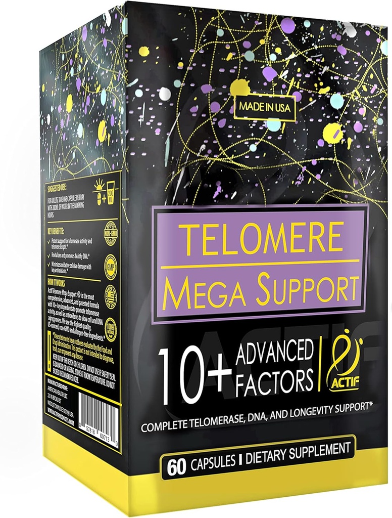 ACTIF Telomere Mega Support with 10+ Faktörs, Non-GMO, Telomerase and DNA Supplement for Energy, Memory and Anti-Aging, Made in USA, 60