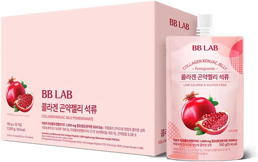BB LAB Collagen Konjac Jelly, Pomegranate, (10 Packs/52.9 oz) - 5 Calories, Sugar-Free, Fish Collagen Peptide 1000 mg, Low carb/Drinkable Zero Sugar Jelly Dessert, Diyetsel Fiber, Gluten-Free