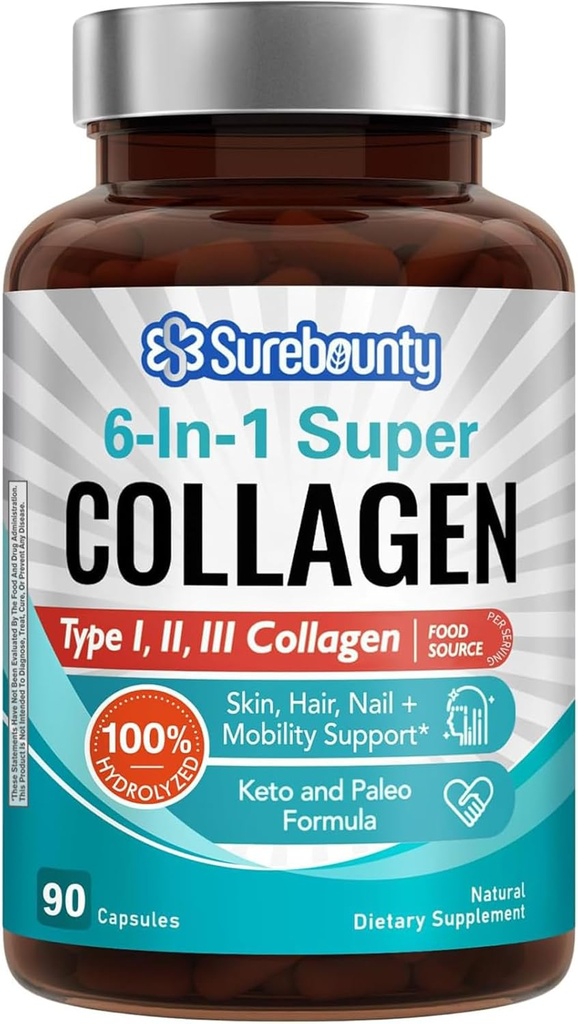 Multi Collagen Kompleksi, Tip I, II, III, 6in-1 Super Collagen ile C, Hyaluronic Acid, Biotin, Turmeric, Black Pepper, Keto, 90 Capsules