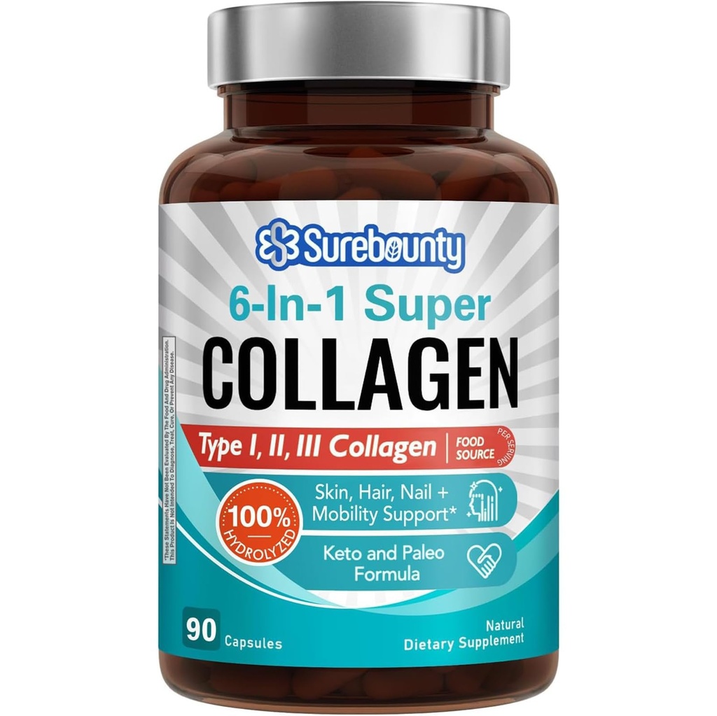 Multi Collagen Kompleksi, Tip I, II, III, 6in-1 Super Collagen ile C, Hyaluronic Acid, Biotin, Turmeric, Black Pepper, Keto, 90 Capsules