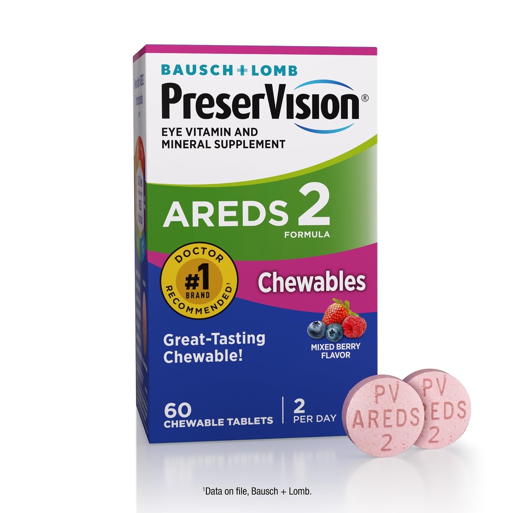 PreserVision AREDS 2 Eye Vitamins, # 1 Eye Doctor Συνιστάται Brand, Chewable Lutein και Zeaxanthin συμπλήρωμα με βιταμίνη C, βιταμίνη Ε, Zinc, και χαλκού, Mixed Berry, 60 δισκία