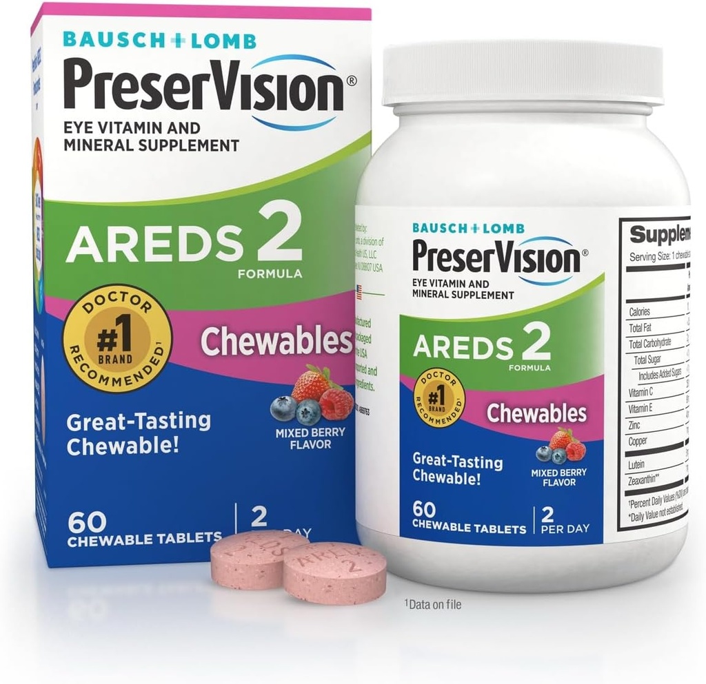 PreserVision AREDS 2 Eye Vitamins, # 1 Eye Doctor Συνιστάται Brand, Chewable Lutein και Zeaxanthin συμπλήρωμα με βιταμίνη C, βιταμίνη Ε, Zinc, και χαλκού, Mixed Berry, 60 δισκία