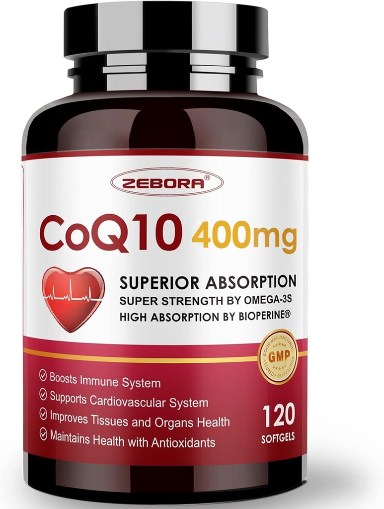 ZEBORA CoQ10-400mg-Softgels με PQQ, BioPerine & Omega-3, Coenzyme Q10(Ubiquinone) συμπλήρωμα για την υψηλή απορρόφηση, ισχυρό-αντιοξειδωτικό, υποστήριξη καρδιά & ενέργεια-παραγωγή, 120 υπηρεσίες