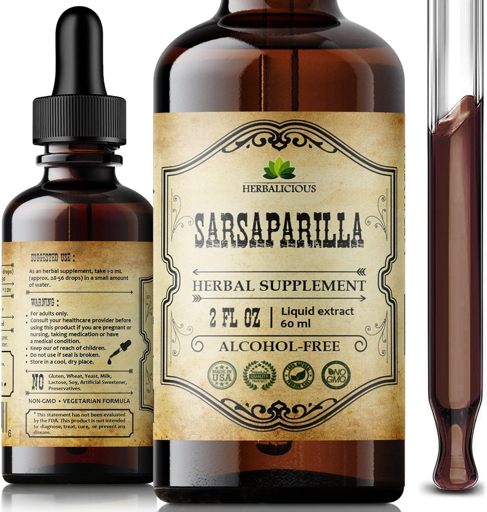 Sarsaparilla Sıvısı – Smilax officinalis Herbal Supplement – Non-GMO, Alkol Özgür, Gluten-Free, Natural Root Tonic – Traditional Herbal Wellness – 2oz Dropper Şişe