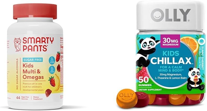SmartyPants Kids Multivitamin Gummies, Sugar Free: Omega 3 (ALA) & OLLY Kids Chillax, Magnesium Gummies Plus L-Theanine, Lemon Balm, Calm Chews for Kids 4+, Sherbet Flavor - 50 Count (Pack of 1)