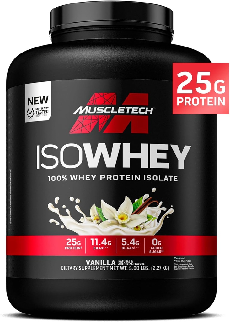 Δοκιμές μυών ISO Whey Isolate Protein Powder, Vanilla - Συμπληρώματα γυμναστικής μετά την προπόνηση για Lean Μύες Gain, Body Building Weight Gainer & Recovery - 25g Πρωτεΐνη, BCAA, EAA & 0 Προστέθηκε Ζάχαρη - 5lbs