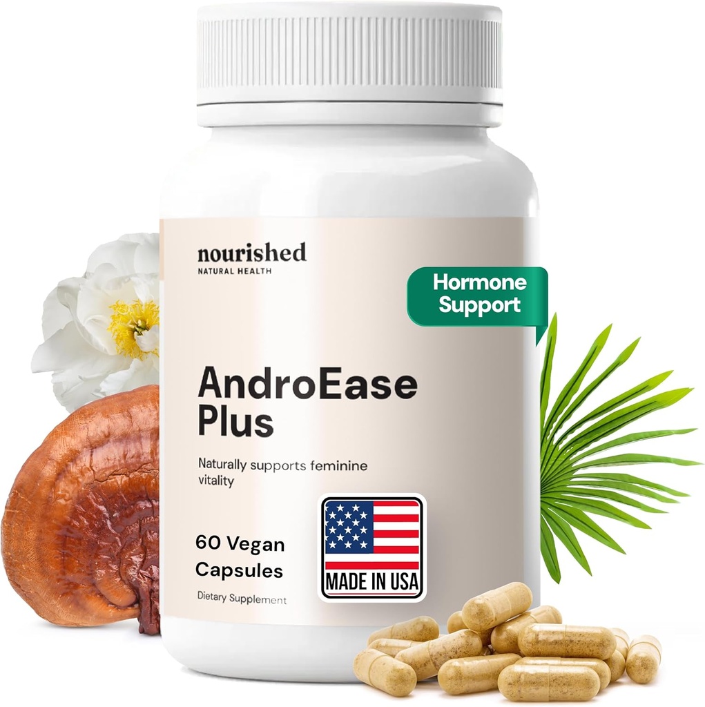 Nourished AndroEase Plus - Vegan Hormonlar Kadınlar için Denge - çinko, Reishi, Yeşil Çay ve Kadın için Palmetto - Enerji için, Vitality, Yüz Saç ve Günlük Wellness - 60 Capsules, ABD'de Yapılan