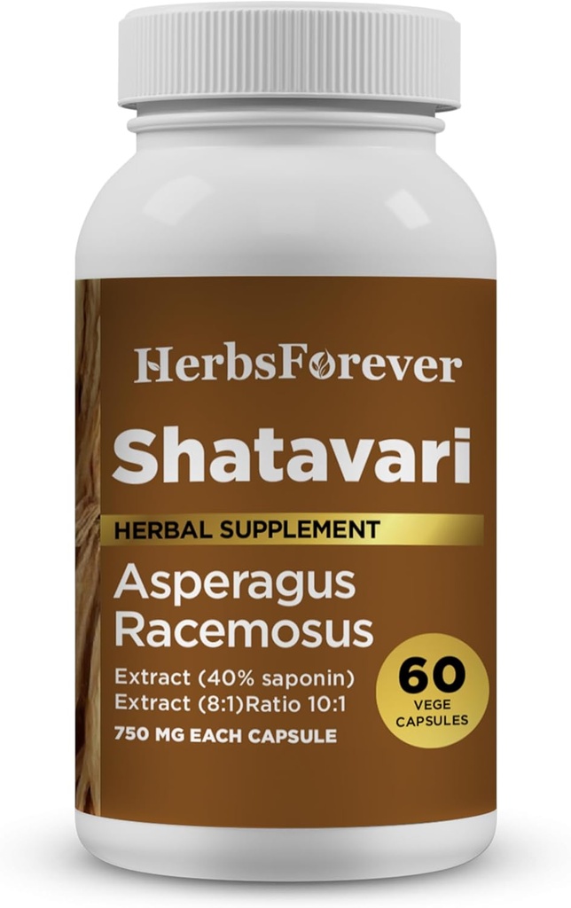 Herbsforever Shatavari Capsules Premium Asparagus Racemosus Supplement% 40 Saponins 750 mg High-Potency Formula - 60 Vegetarian Capsules Herbal Wellness & Balance Support Non-GMOMO