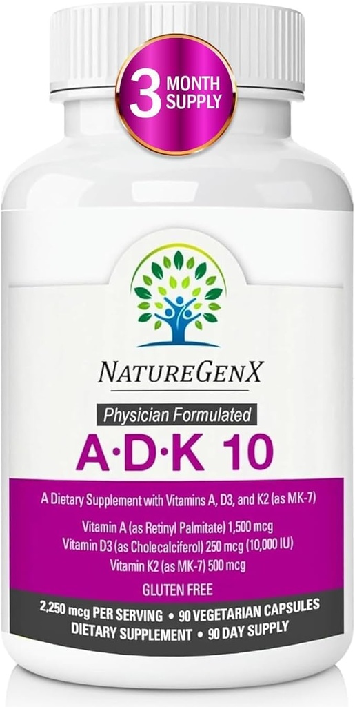 ADK10 – ADK Vitamin Supplement | High Potency Vitamins A, D3 (10,000 IU) & K2 MK-7 for Bone, Heart & Immune Health | 90 Tiny Capsules | 3 Month Supply | Non-GMO, Gluten Free