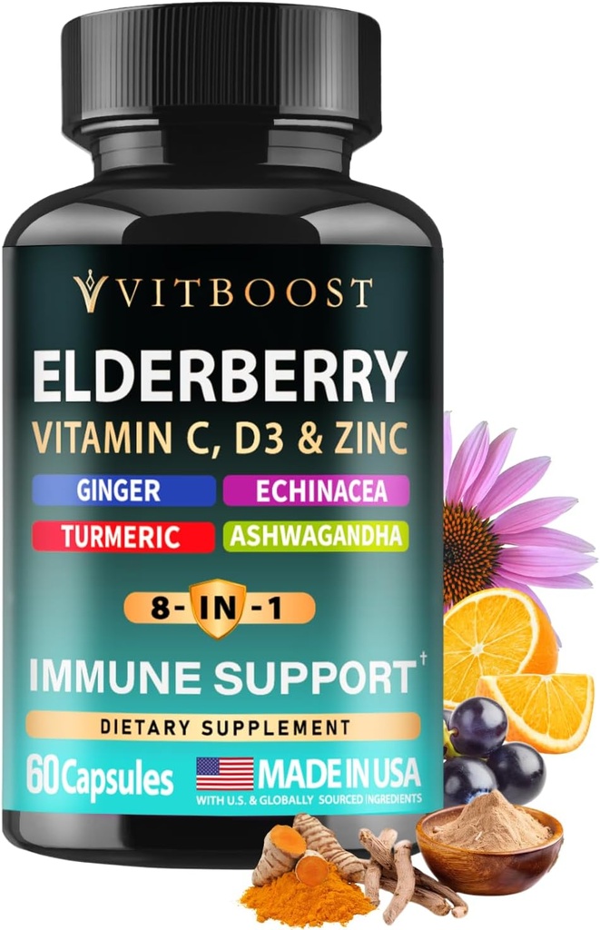Elderberry Immune Support Supplement 8-in-1 Formula with Echinacea, Vitamin C & Zinc, Vitamin D 5000 IU, Turmeric, Ginger, Ashwagandha – 60 Capsules