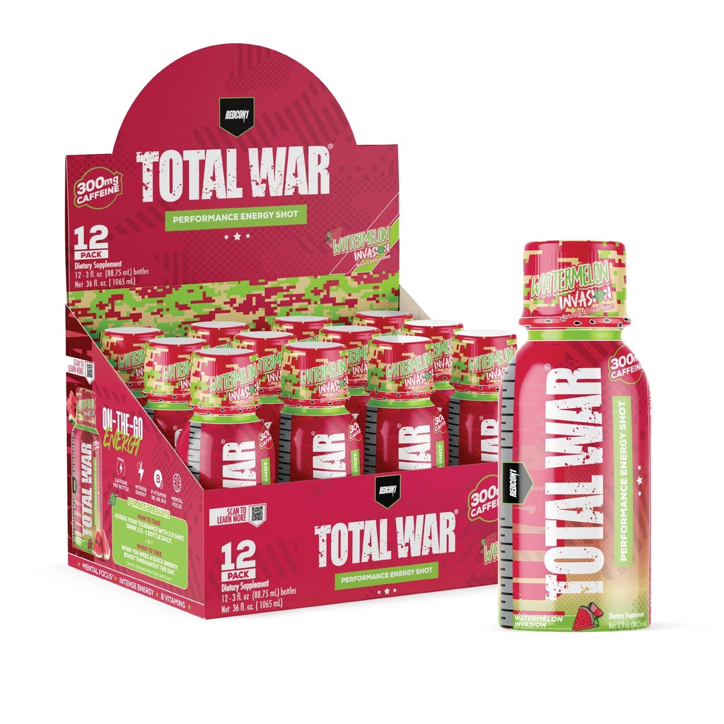 REDCON1 Total War Pre Workout Energy Shots - 300 mg Caffeine Shots with B Vitamins & 0 Sugar - Long-Lasting Energy Shot for Focus Support - Fuel Your Workout or Workday - Watermelon Invasion (12 Count)