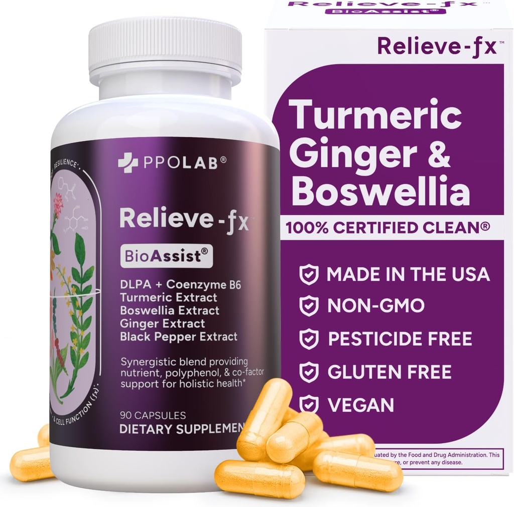 Relieve-fxTM DLPA Boswellia Turmeric ve Ginger Supplement, Stres Yardımı, Kalp, Digestion, Kas Cramp, Ortak, Inflammation Health, B6 P5P, Boswellic Acid, Curcumin with Black Pepper - 90ct