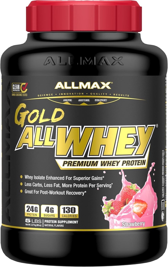 ALLMAX Διατροφή - Gold ALLWHEY Protein Powder, Whey Protein Blend για τη δύναμη και τους μυς κέρδη, μετά την αποκατάσταση προπόνηση, χωρίς γλουτένη, 24 γραμμάρια πρωτεΐνης, Φράουλα, 5 λίρες