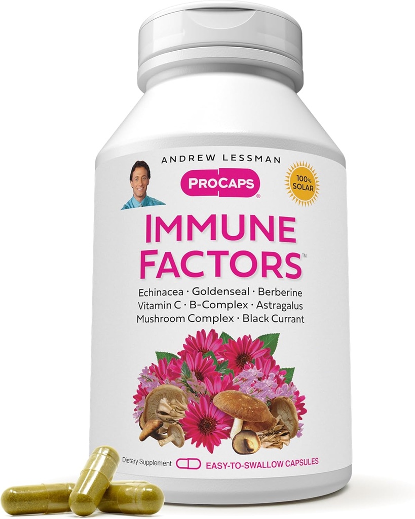 ANDREW LESSMAN Immune Factors 360 Capsules - Echinacea, Goldenseal, C, Astragalus, Berberine, Mushroom Mix, Black Currant. Destekler ve Immune Sistemi ve Doğal Savunmaları Destekler