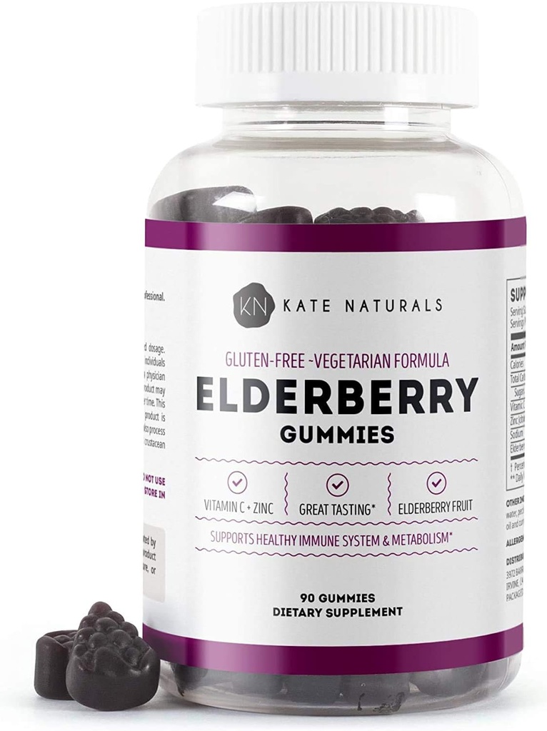 Kate Naturals Elderberry Gummies με βιταμίνη C και ψευδάργυρο για ενήλικες & παιδιά. Νόστιμο Sambucus Elderberry Gummies για την υποστήριξη του ανοσοποιητικού (90 Gummies, 45 ημέρες προσφοράς)