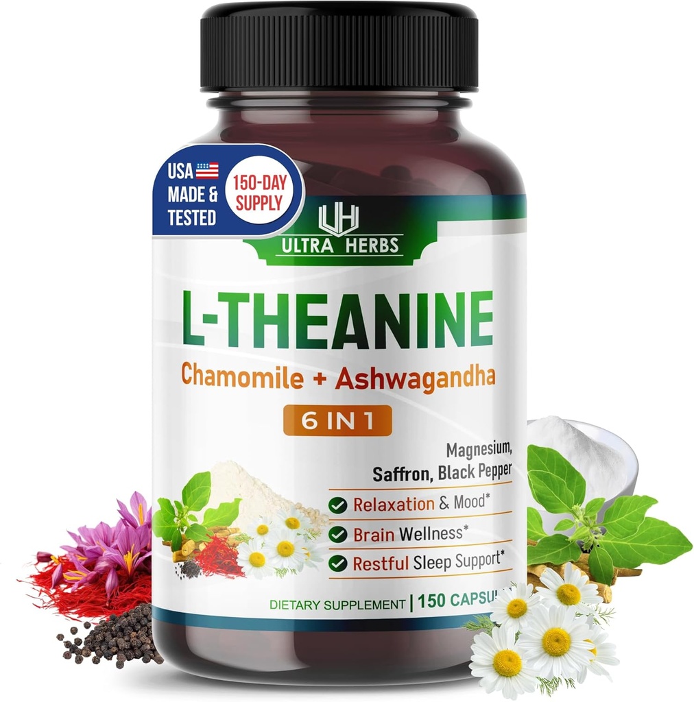 L-Theanine Supplement - 6 IN 1 Complex Εμπλουτισμένο με Μαγνήσιο, Ashwagandha, Saffron, Χαμομήλι - Υποστήριξη Χαλάρωση, Ηρεμία & Ποιότητα Ύπνου 