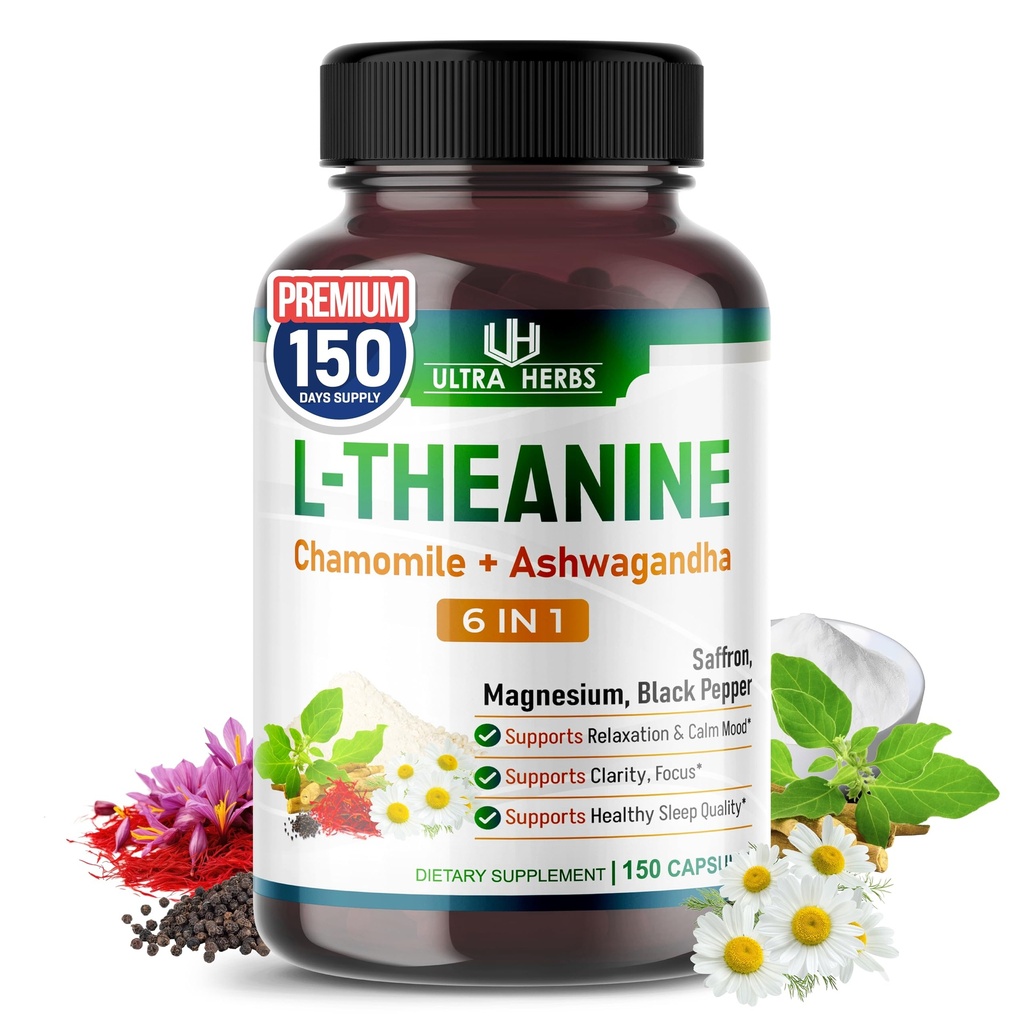L-Theanine Supplement - 6 IN 1 Complex Enriched with Magnezyum, Ashwagandha, Saffron, Chamomile - Support Relaxation, Calmness & Sleep Quality | 150 Capsules