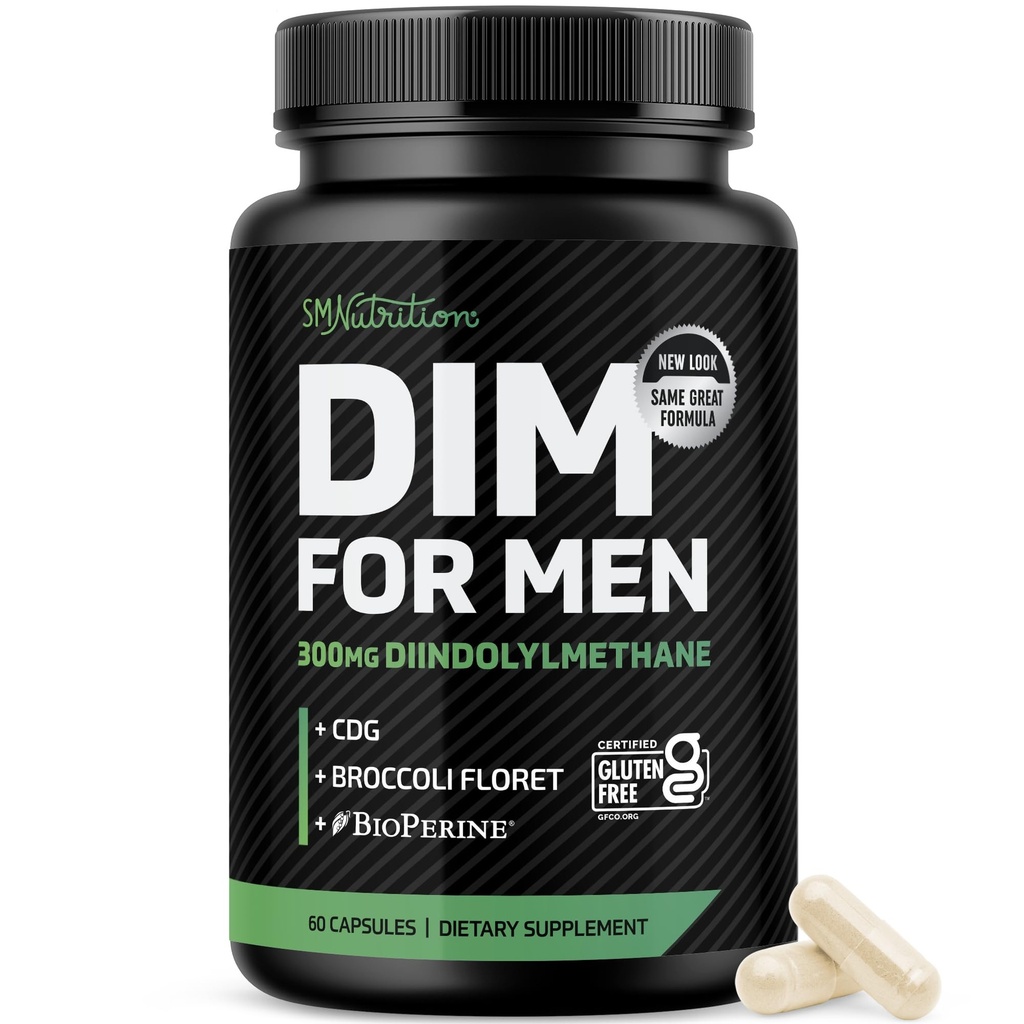 DIM Supplement for Men 300mg | Estrogen Blocker & Aromatase Inhibitor | Extra Strength Men’s Hormone Balance & Fitness Booster with Diindolylmethane Plus CDG & Broccoli Floret | Gluten-Free | 60 Ct