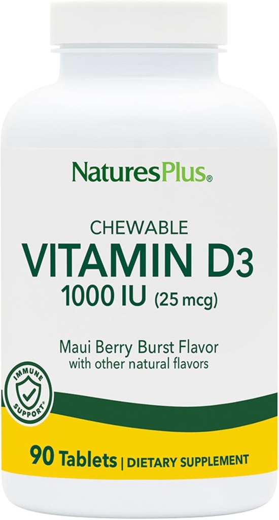 NaturesPlus Vitamin D3 (1000 IU) - 90 Chewable Tabletler, Maui Berry Burst Flavor - Vegetarian, Gluten Free - 90 Hizmetler