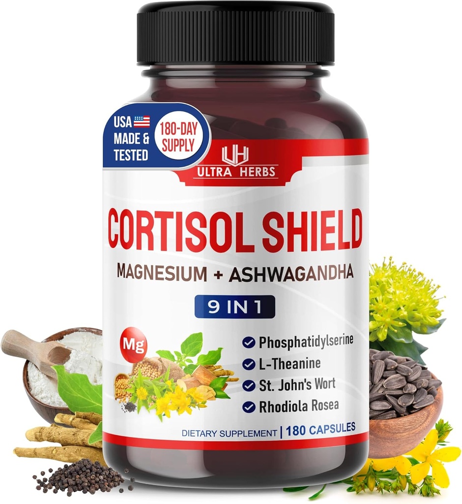 KORTISOL Shield 9-in-1 -Magnesium + Ashwagandha ile Phosphatidylserine, L-Theanine, St. John's Wort, Rhodiola Rosea - Rahatlama Desteği, Hormon Dengesi - ABD Made (180)