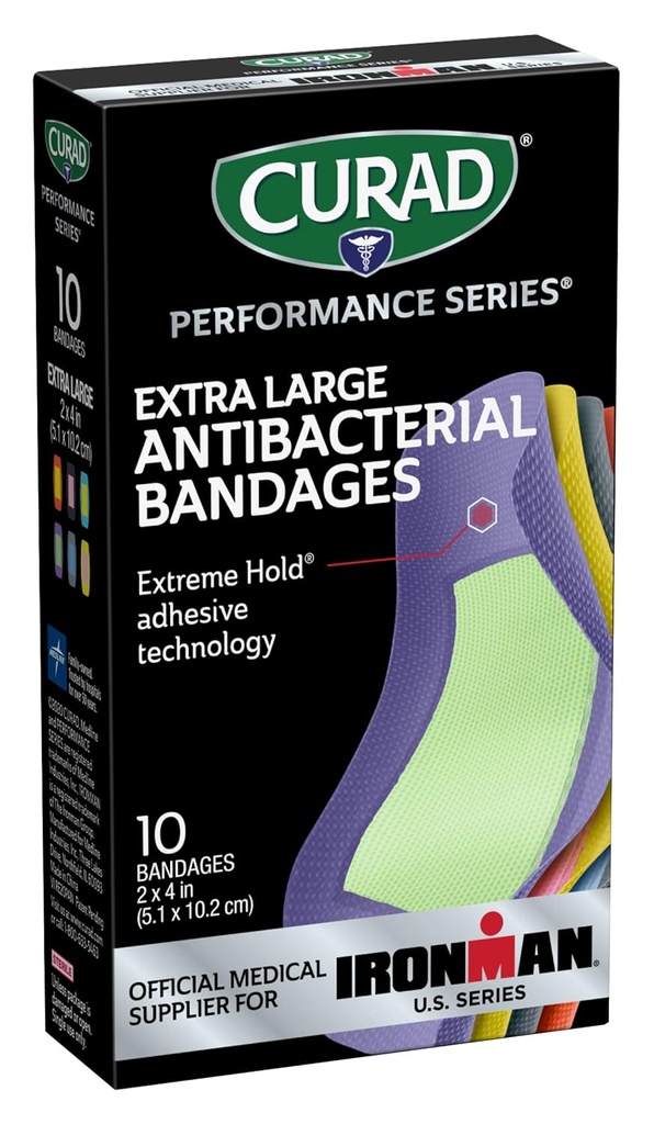 CURAD Performans Dizileri IRONMAN Antibacterial Bandages, Extreme Hold Prestige Technology, Ekstra Büyük Esnek Kumaş Cuts, Yararlı Renkler, 2 x 4 inç, 10 Kont