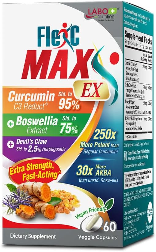 LABO Beslenme FlexC MAX EX ile Turmeric Curcumin C3 Reduct% Tetrahidrcurcuminoids, Bioperine, Boswellia Extract & Devil's Claw, Etkili Antioxidation, Joint & Body Discomfort Relief