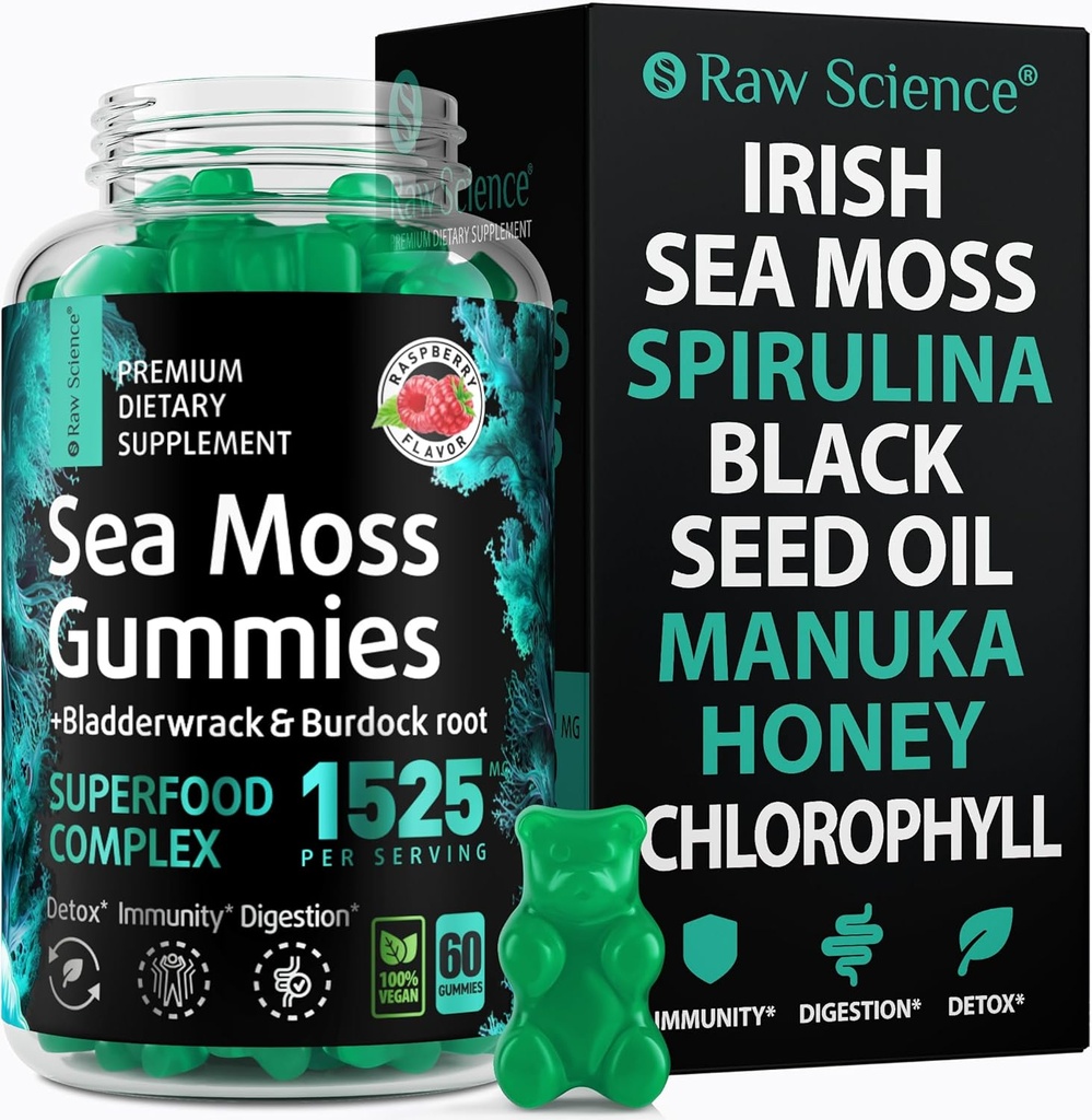 İrlandalı Deniz Moss Gummies - Kadınlar ve Erkekler için Detox & Tiroid Desteği - Siyah Tohum Yağı, Manuka Honey, Fenugreek, Chlorophyll: Immune Support, Immunity Supplement - Burdock Root, Bladderwrack - 60 Gummies