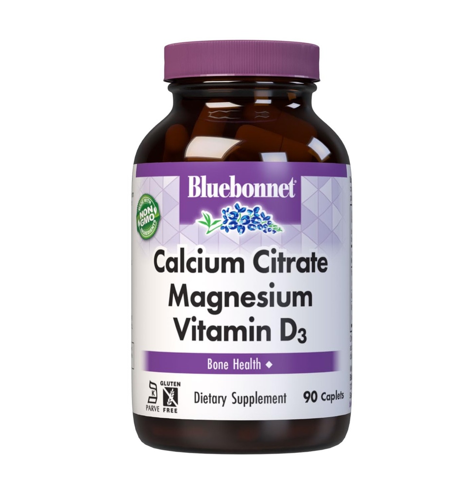 Bluebonnet Beslenme Gıda Citrate Magnezyum Plus Vitamin D3 Caplets, Bone Health & Muscle Relaxation, Non GMO, Gluten, Soy & Milk Free, Kosher, White, 90 Count Count