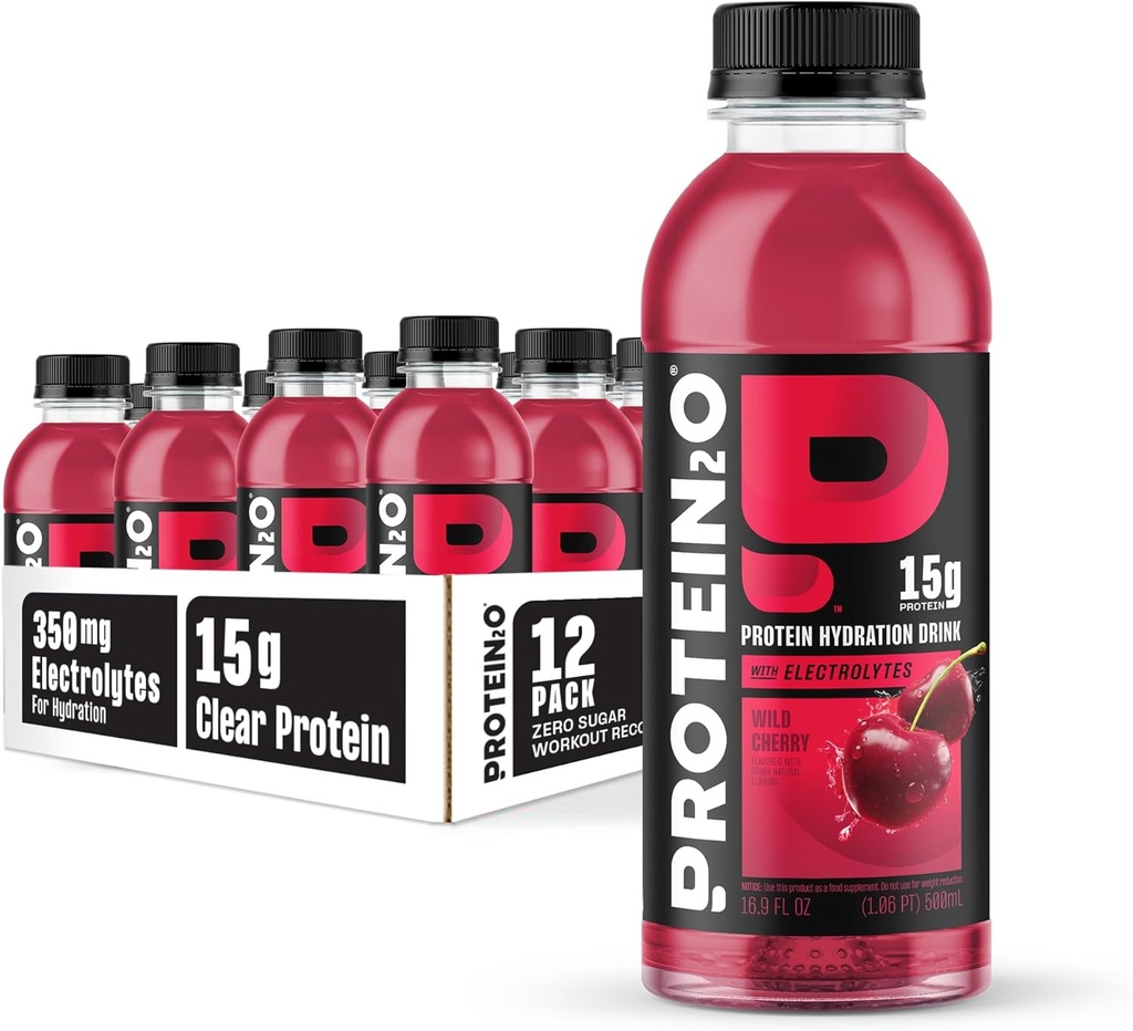 Protein2o Hydration Drink - 2-in-1 Liquid Clear Whey proteini ve Elektrolyte İçecek - 15g Protein, Vitaminler B5, B6 - Post-Workout Recovery - 16.9 Fl Oz - 12 Wild Count Cherry