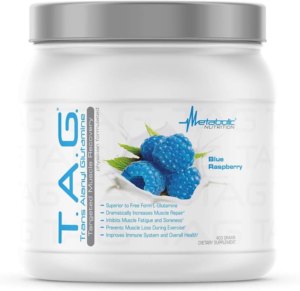 Metabolik Beslenme, TAG, Trans Alanyl Glutamine,% 100 L-Glutamine Peptide Toz, Pre Intra Post Workout Supplement, 400 Grams (40 Hizmet) (Mavi Raspberry)